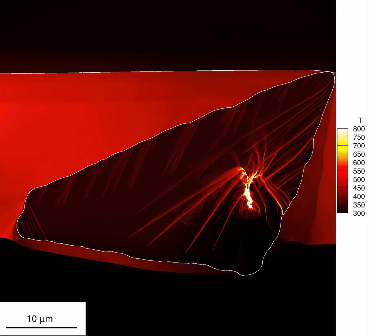 High-resolution simulation snapshot showing temperature contours from a SCIMITAR3D run on an HMX crystal-binder microstructure: pore collapse, shear-band formation, and reactive front evolution.